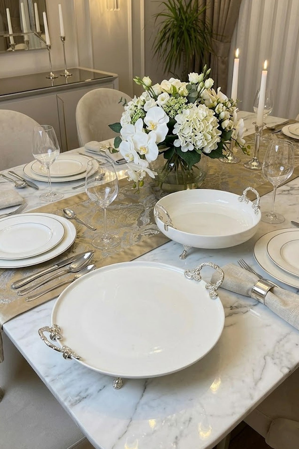 2'Li Metal Ayaklı Kulplu Porselen Sunumluk & Meze Pasta Kurabiye Servis Tabağı