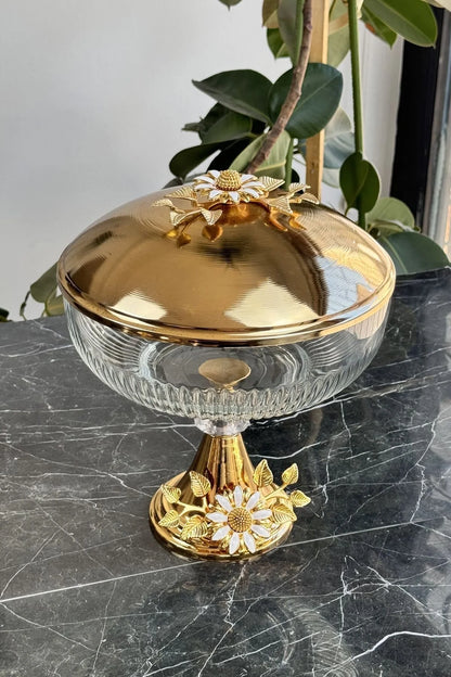 Metal Kapaklı Kand Ayaklı Sunumluk Sofra Kasesi (Gold Papatya Serisi)