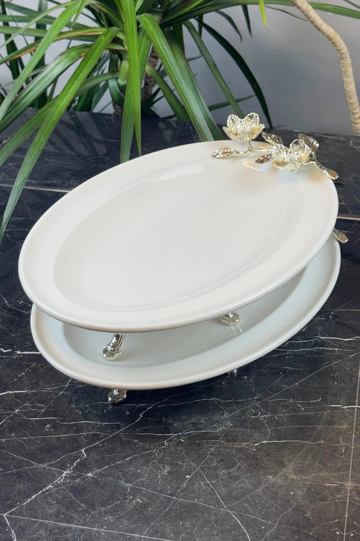 2'Li Firuze Metal Ayaklı Porselen Oval Meze Salata Tabağı