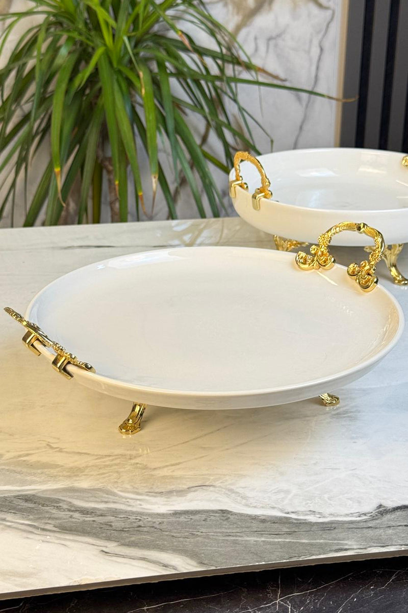 2'Li Metal Ayaklı Kulplu Porselen Sunumluk & Meze Pasta Kurabiye Servis Tabağı