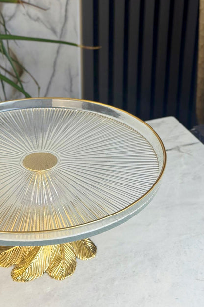 Gold Detaylı Cam Sunum Tabağı & Ayaklı Pasta Kek Kurabiye Standı (28 Cm)
