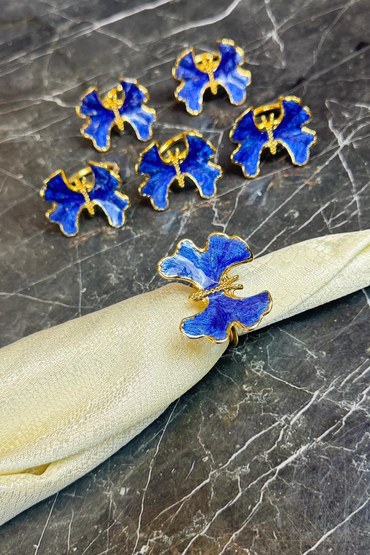 6'lı Gold Peçete Halkası Blue Butterfly Peçete Yüzüğü