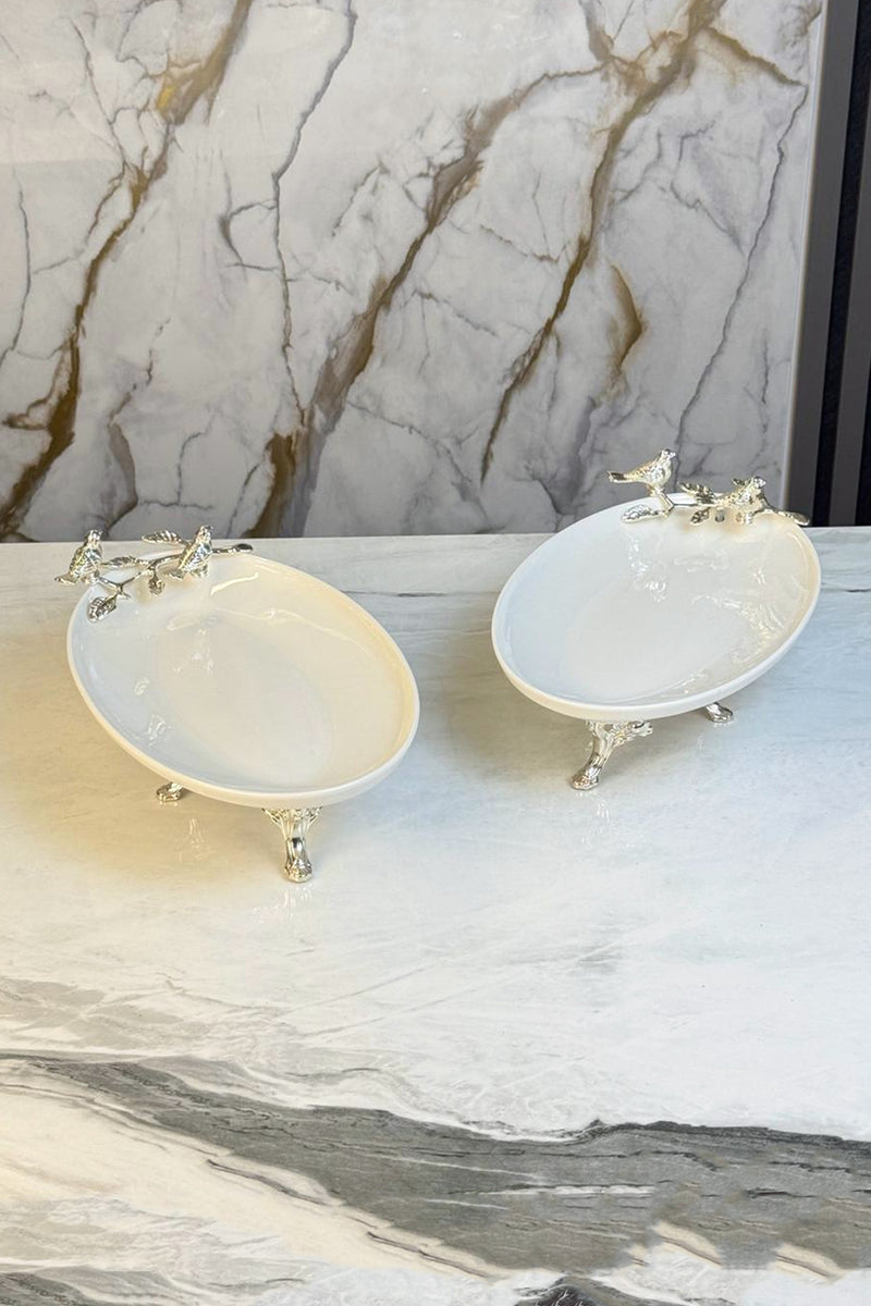 2'Li Oval Porselen Sunumluk Servsilik & Ayaklı Kayık Meze Tabağı