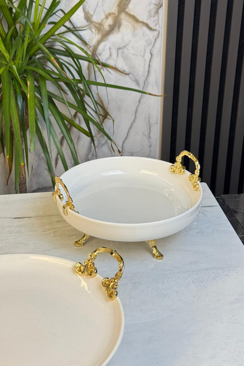 2'Li Metal Ayaklı Kulplu Porselen Sunumluk & Meze Pasta Kurabiye Servis Tabağı