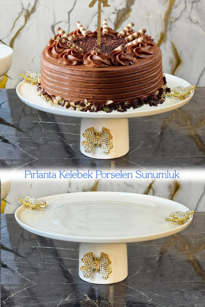 Pırlanta Kelebek Porselen Ayaklı Sunumluk Tabak & Kek Pasta Kurabiye Sunumluğu