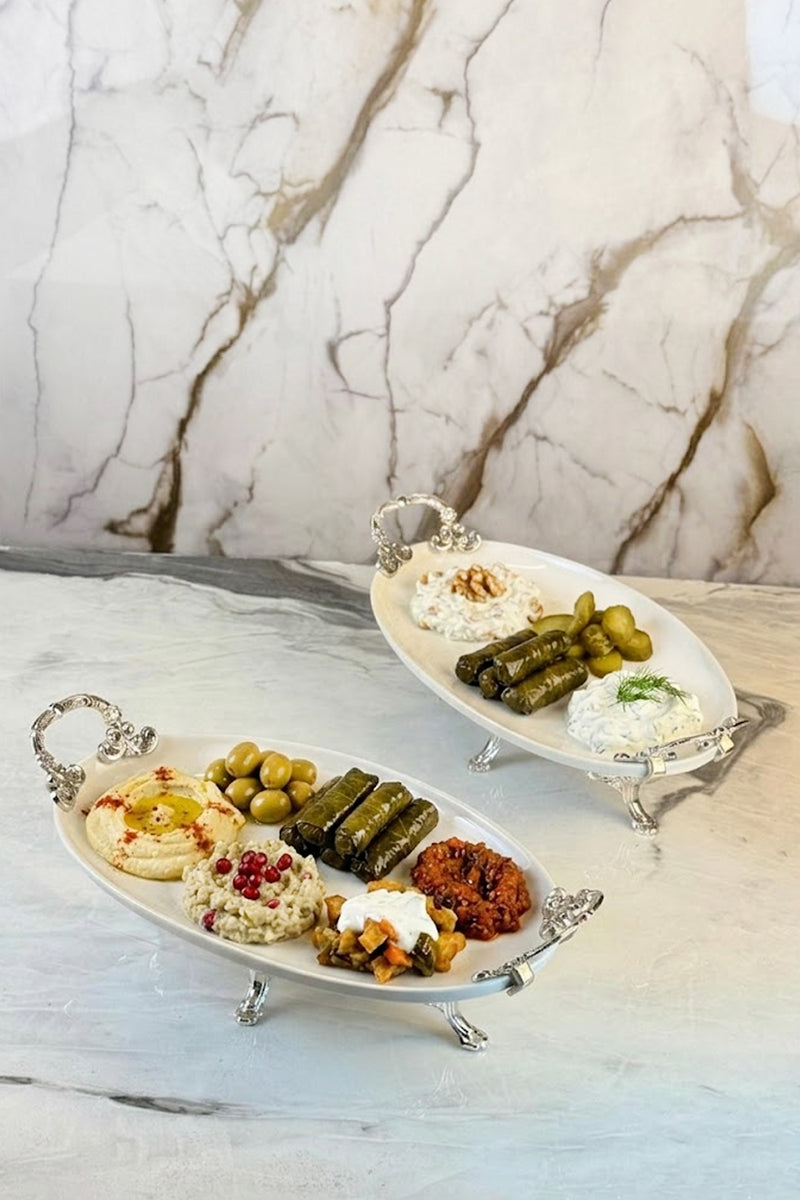 2'Li Porselen Kulplu Kayık Tabak & Oval Meze Sunumluğu Servisliği