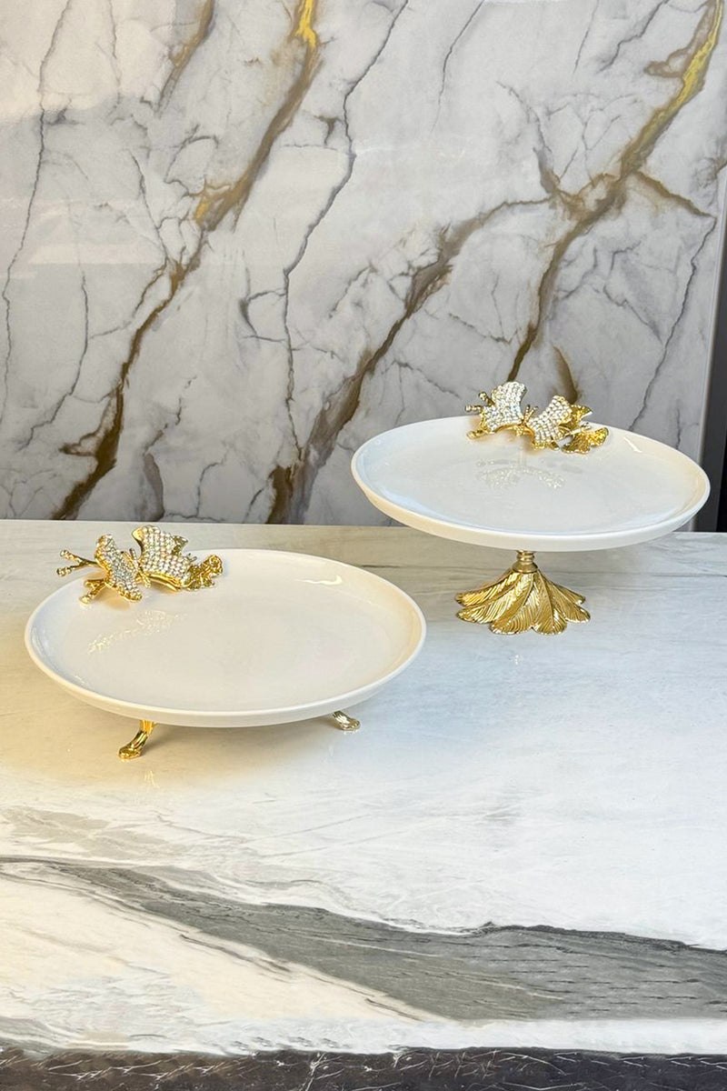 2'Li Porselen Gold Metal Ayaklı Sunumluk Servislik & Papatya Detaylı Kuabiyelik Pasta Standı