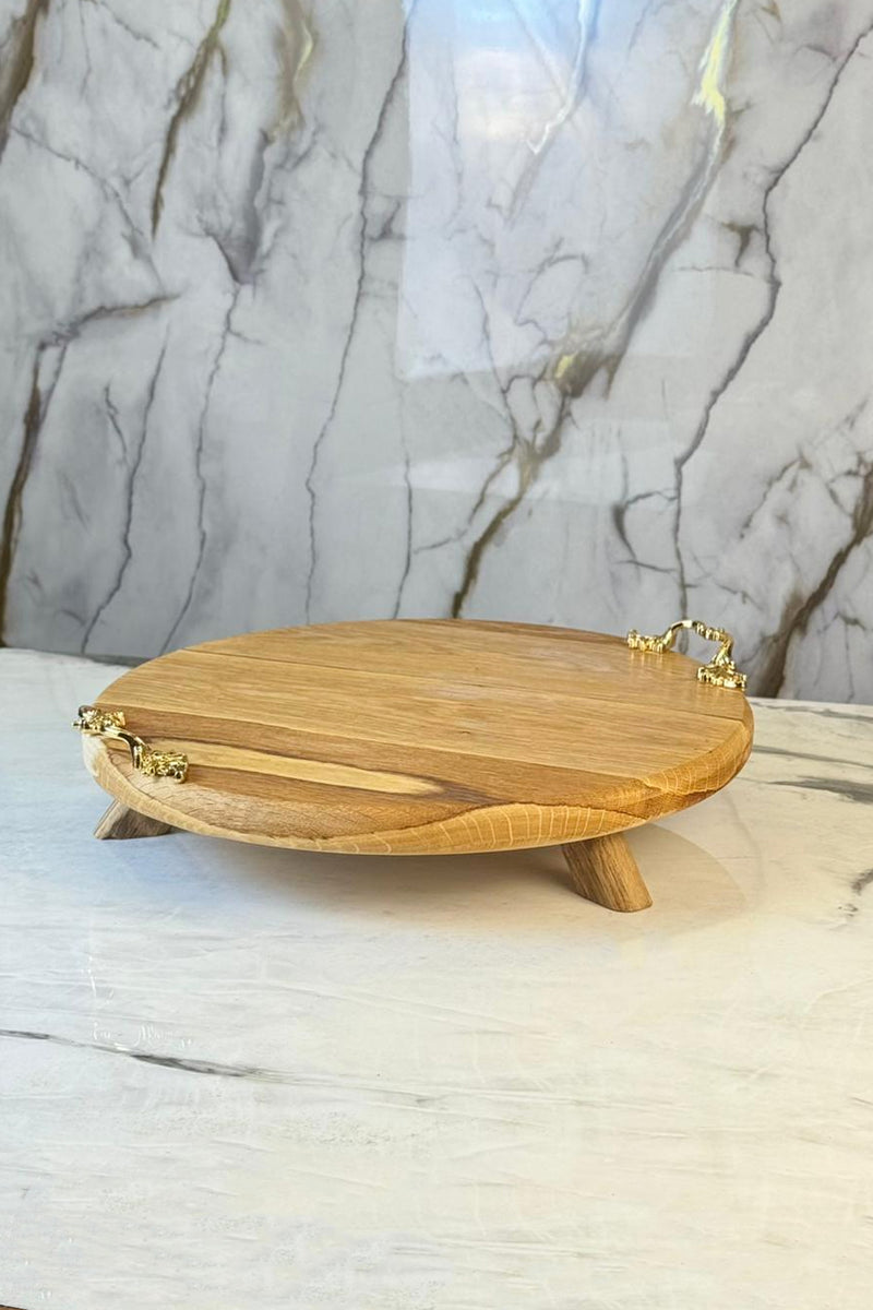Metal Kulplu Ahşap Yuvarlak Sunumluk Tabak