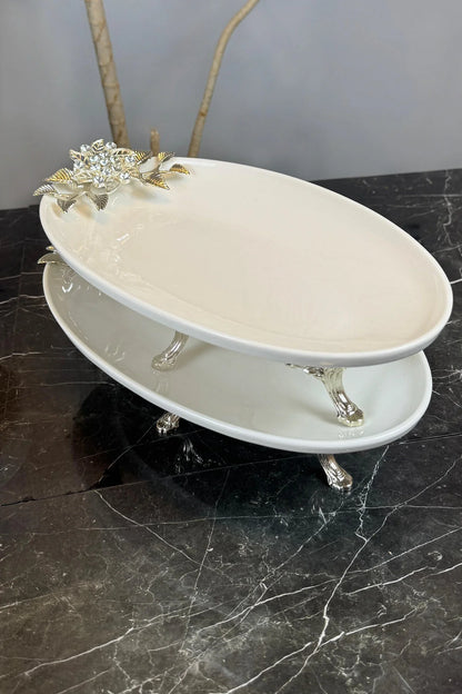 4 Parça Bron Gümüş Porselen Sofra Sunum Servis Seti & Yemek Tabağı Salata Kasesi Oval Meze Tabağı