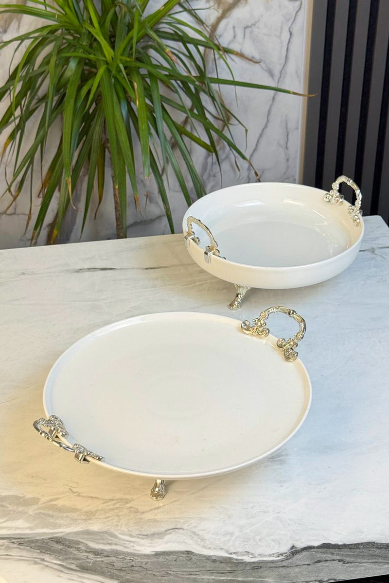 2'Li Metal Ayaklı Kulplu Porselen Sunumluk & Meze Pasta Kurabiye Servis Tabağı