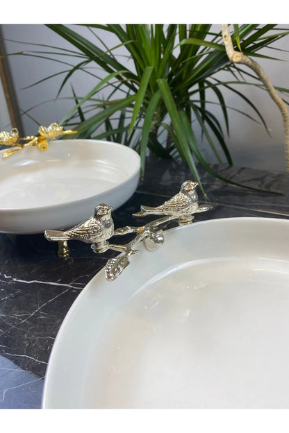 Gümüş Metal Ayaklı Porselen Salata Sunum Kasesi Tabağı & Çift Kuş Detaylı