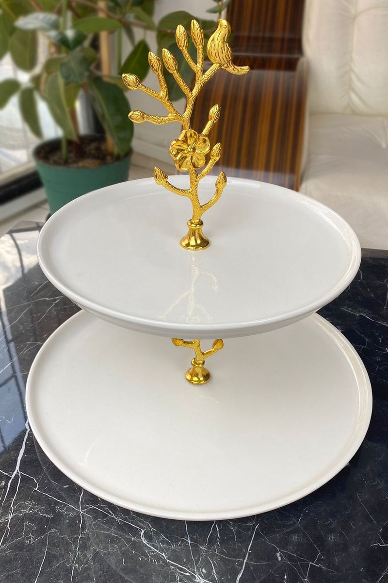 2 Katlı Porselen Gold Detaylı Kurabiyelik Sunumluk Tabak