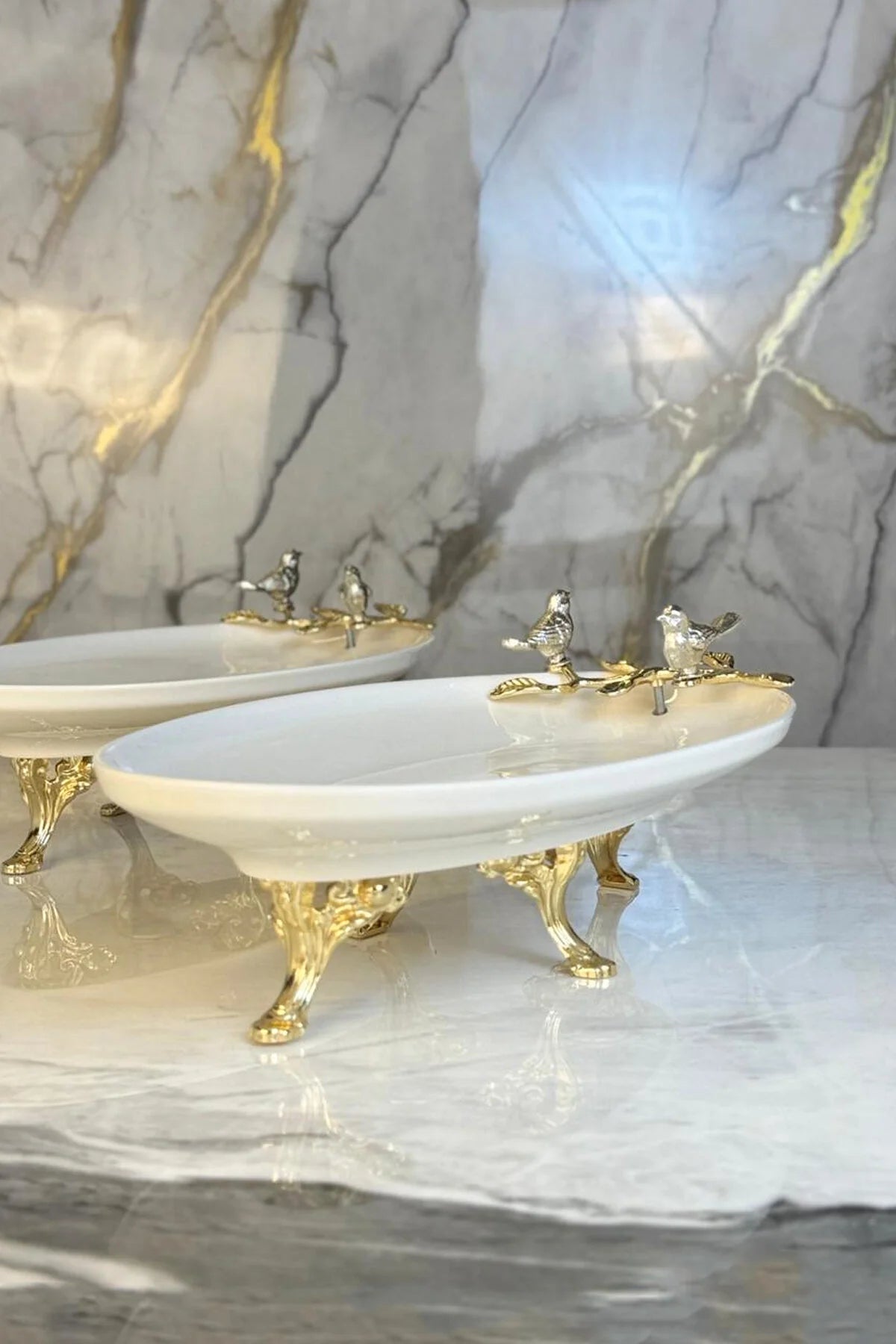 Çift Kuş Detaylı 2'Li Oval Porselen Tabak & Meze Salata İkram Sunumluğu