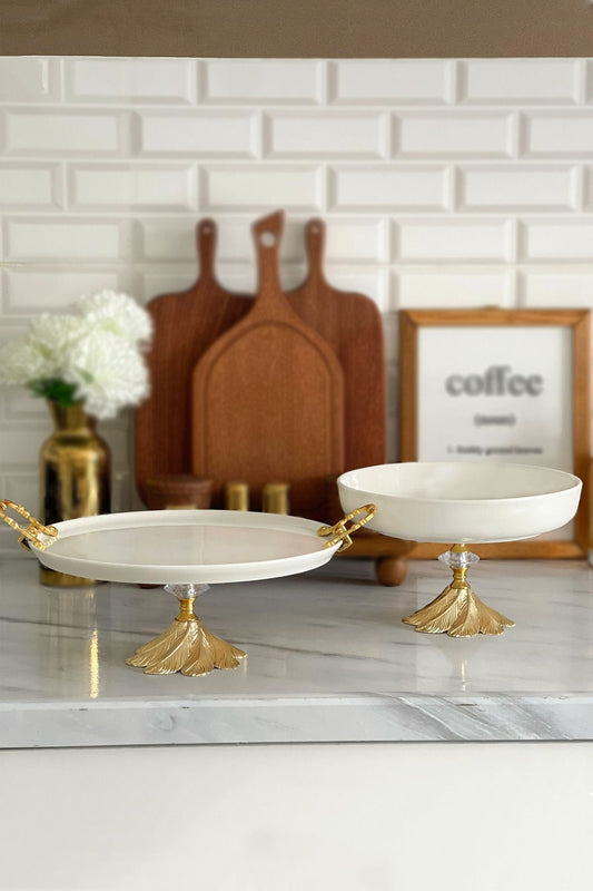 2'Li Porselen Kand Ayaklı Kulplu Sofra Sunum Tepsi Tabak Seti & Meze Yemek Tatlı Salata Sunumluğu