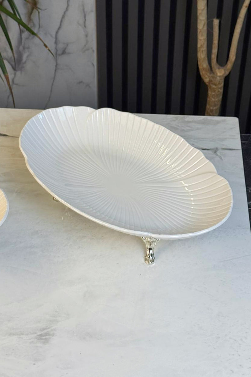 2'Li Porselen Kayık Sunum Tabağı & Metal Ayaklı Oval Meze Yemek İkramlık Servsiliği