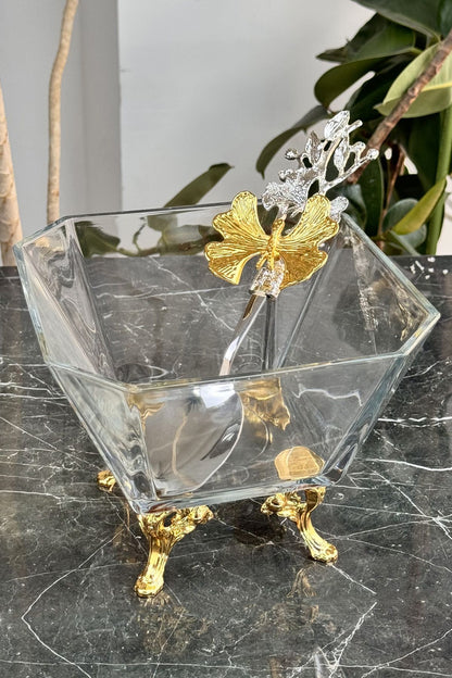 Karen Cam Gold Derin Kase Makarna & Meyve Ayaklı Sunumluk (Kelebek Kaşık )