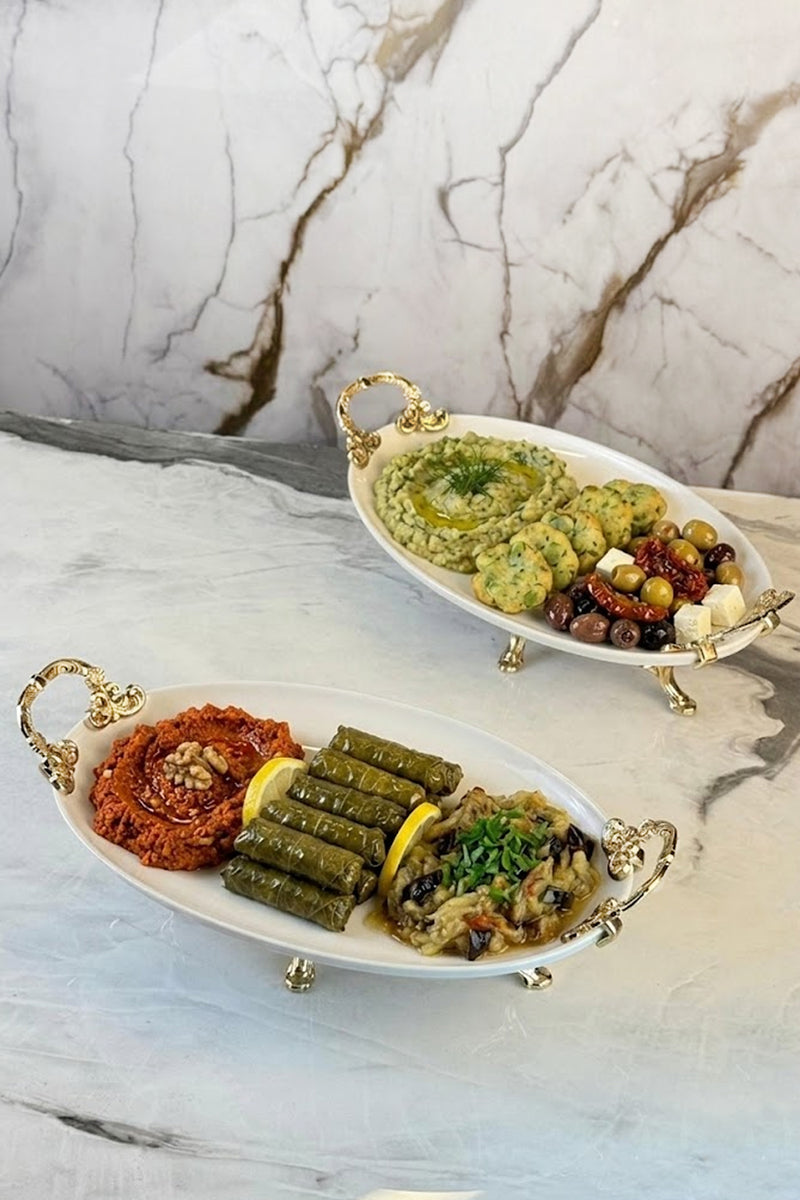2'Li Porselen Kulplu Kayık Tabak & Oval Meze Sunumluğu Servisliği