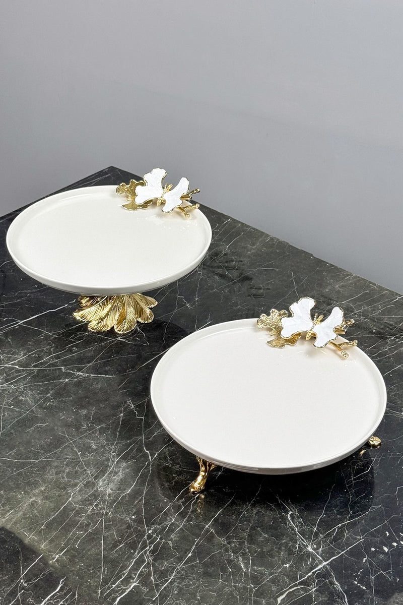 White Butterfly 2'Li Gold Ayaklı Porselen Tabak Seti