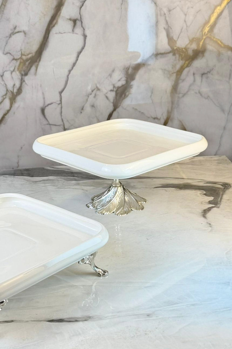 2'Li Porselen Modern Ayaklı Sunum Tabağı Seti