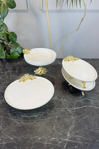 4 Parça Bron Gold Porselen Sofra Sunum Servis Seti & Yemek Tabağı Salata Kasesi Oval Meze Tabağı