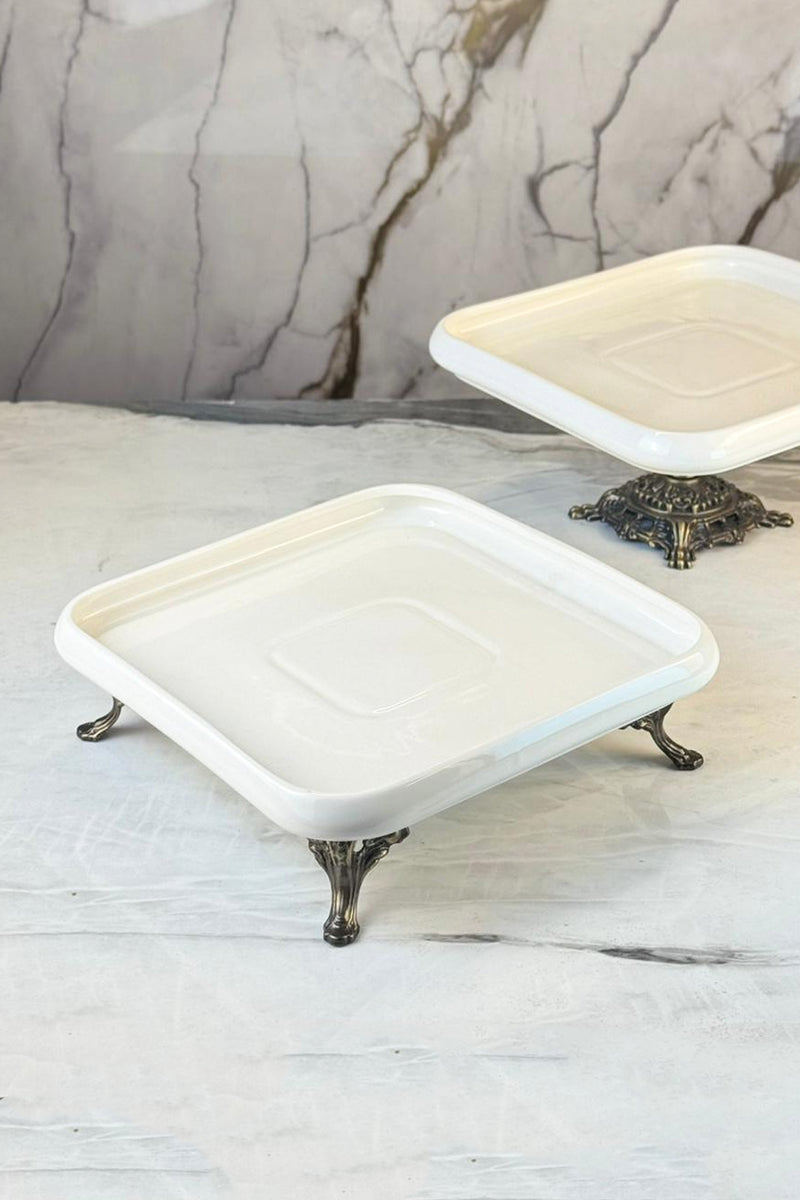 2'Li Porselen Modern Ayaklı Sunum Tabağı Seti