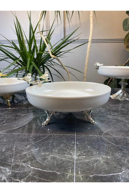 Gümüş Metal Ayaklı Porselen Salata Sunum Kasesi Tabağı & Çift Kuş Detaylı
