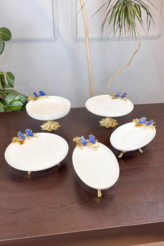 5 Parça Blue Butterfly Kand Ayaklı Porselen Kase Oval Tabak Sunum Seti