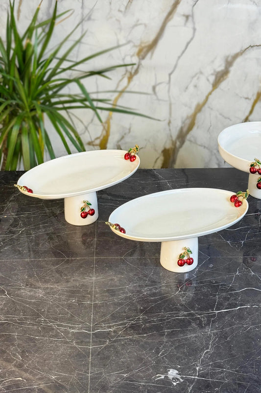 2'Li Kiraz Figürlü Kayık Porselen Ayaklı Sunum Tabağı & Salata Meze Servis Standı