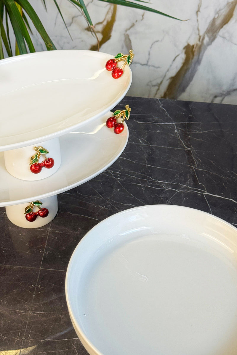 2'Li Kiraz Figürlü Kayık Porselen Ayaklı Sunum Tabağı & Salata Meze Servis Standı