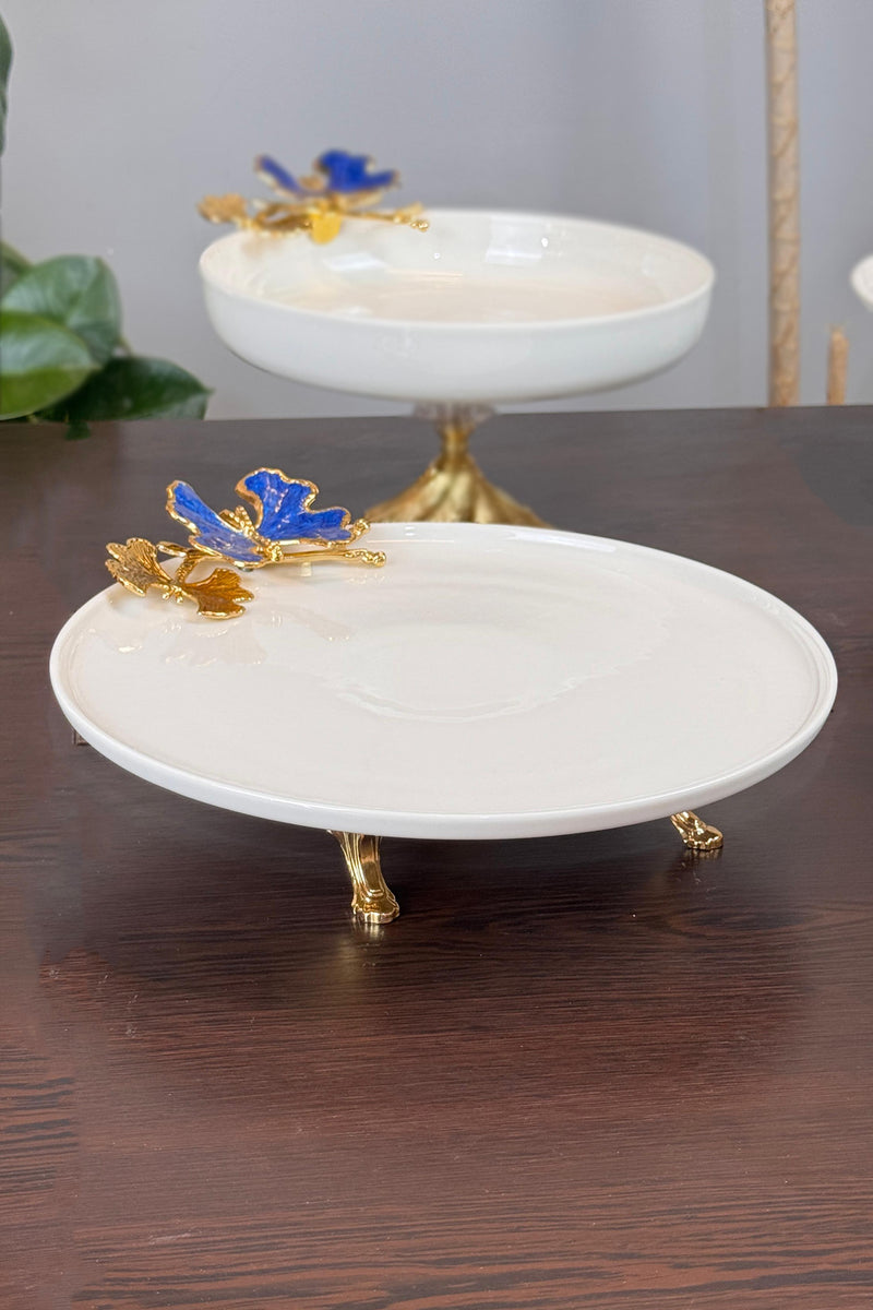 5 Parça Blue Butterfly Kand Ayaklı Porselen Kase Oval Tabak Sunum Seti