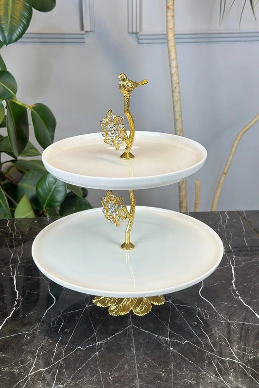 2 Katlı Porselen Ayaklı Kurabiyelik Sunumluk Tabak & Gold Bron Detaylı