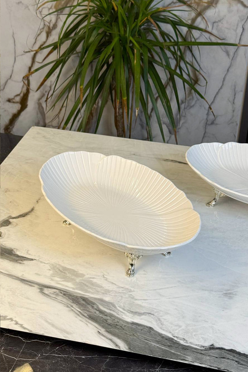 2'Li Porselen Kayık Sunum Tabağı & Metal Ayaklı Oval Meze Yemek İkramlık Servsiliği