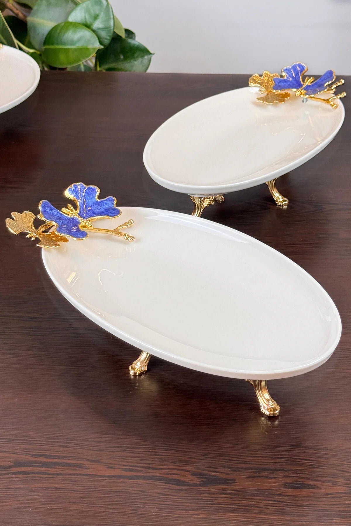 Blue Butterfly 2'Li Oval Sunumluk Mezelik Tabak & Gold Ayaklı Kayık Tabak