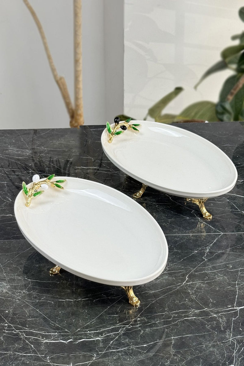 2'li Oval Porselen Sunum Tabağı Seti & Ayaklı Ikramlık Meze Tabağı