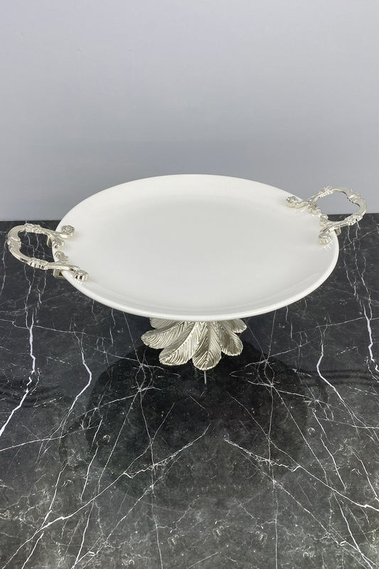 Gümüş Kand Metal Ayaklı Kulplu Porselen Sunumluk Servislik Tepsi
