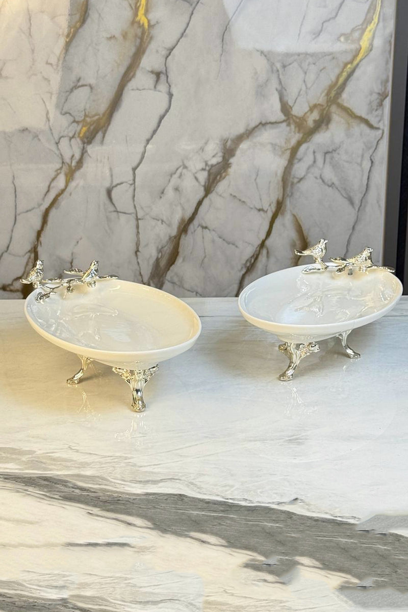 2'Li Oval Porselen Sunumluk Servsilik & Ayaklı Kayık Meze Tabağı
