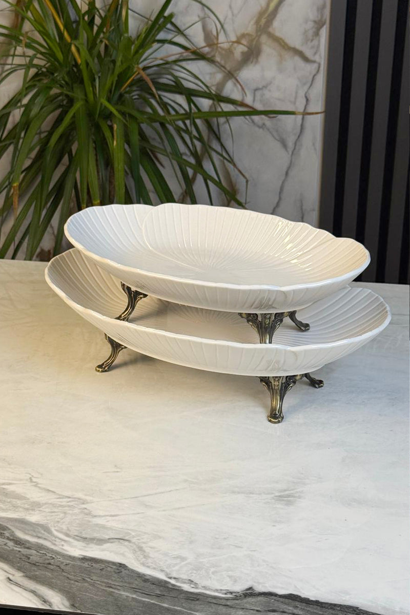 2'Li Porselen Kayık Sunum Tabağı & Metal Ayaklı Oval Meze Yemek İkramlık Servsiliği