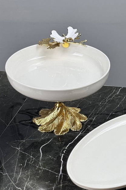 White Butterfly 3 Parça Porselen Sunum Servis Seti & Kand Ayak Salata Kase Oval Meze Tabağı