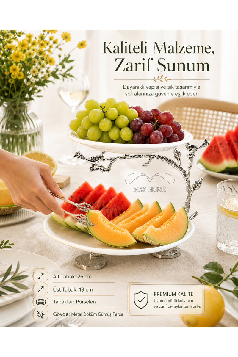 Porselen Lüks Sunum Tabağı Gümüş 2 Katlı & Kurabiyelik Meyve Yemek Servisliği