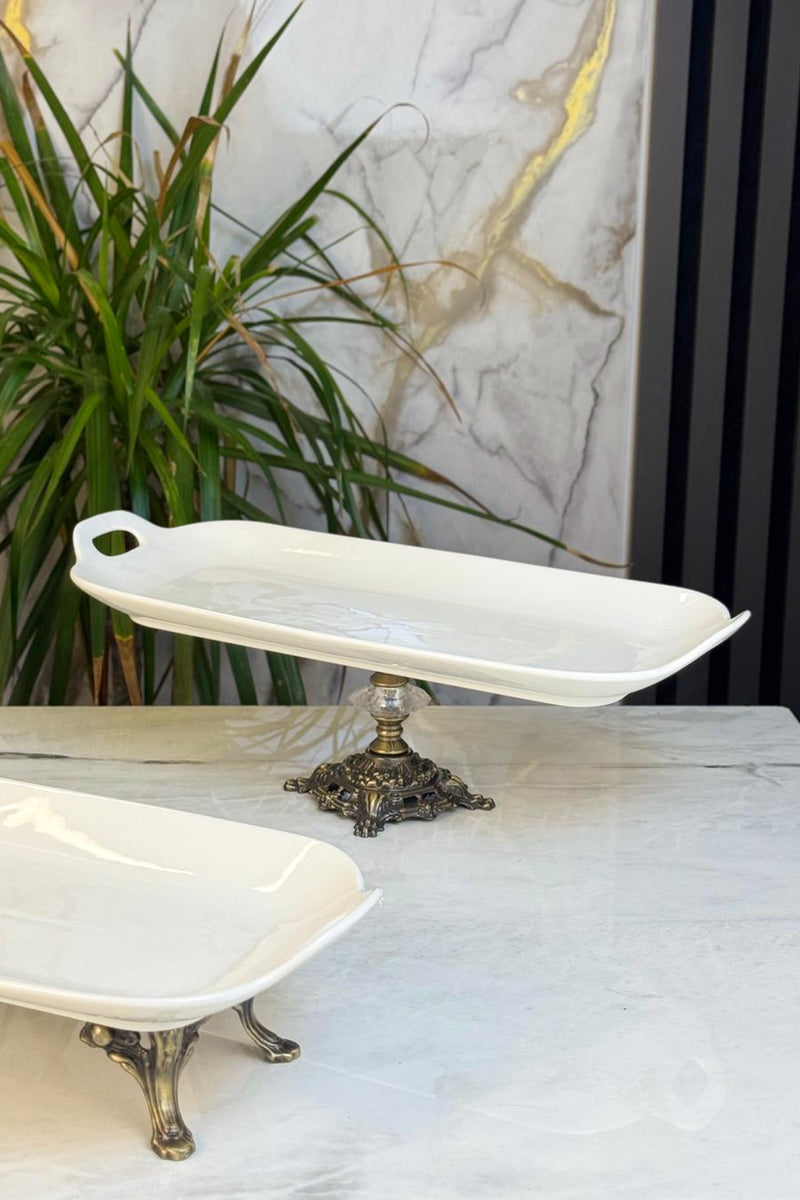 2'Li Ayaklı Porselen Kayık Sunum Tabağı & Kulplu Meze Yemek Servisliği
