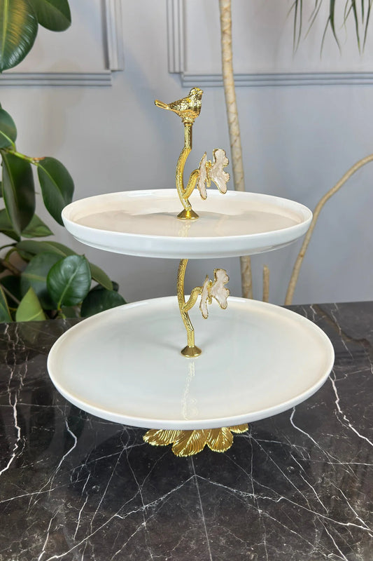 2 Katlı Porselen Ayaklı Kurabiyelik Sunumluk Tabak & Sedef Kelebek Detaylı