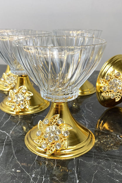 6'Lı Metal Gold Ayaklı Cam Magnolia İkramlık Çerezlik Kase
