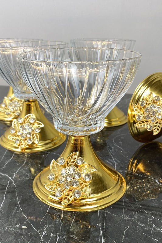6'Lı Metal Gold Ayaklı Cam Magnolia İkramlık Çerezlik Kase