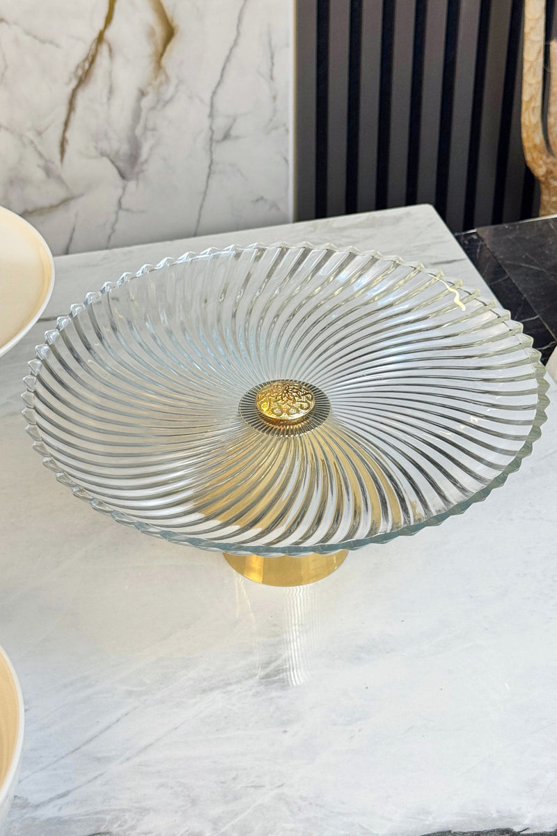 Gold Metal Ayaklı Cam Tabak & Kurabiye Kek Pasta Servisliği Sunumluğu (YIKANABİLİR)