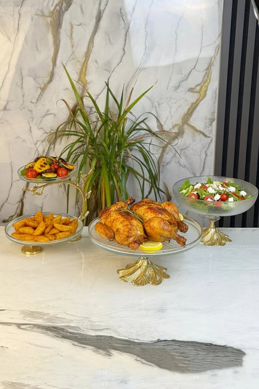 3 'lü Özel Ayaklı Cam Sunumluk Servislik Seti & Meyve Kurabiye Pasta Tatlı Sunumluğu Kase Tabak Seti