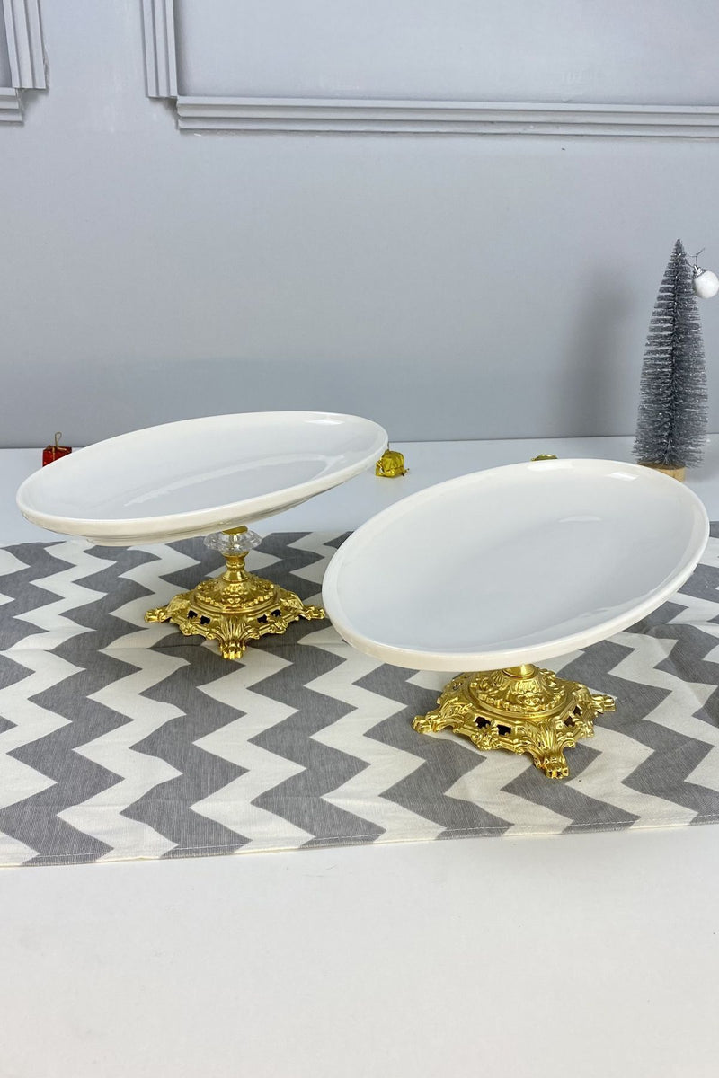 2'li Porselen Gold Ayaklı Oval Tabak & Sunum Servis Tabağı