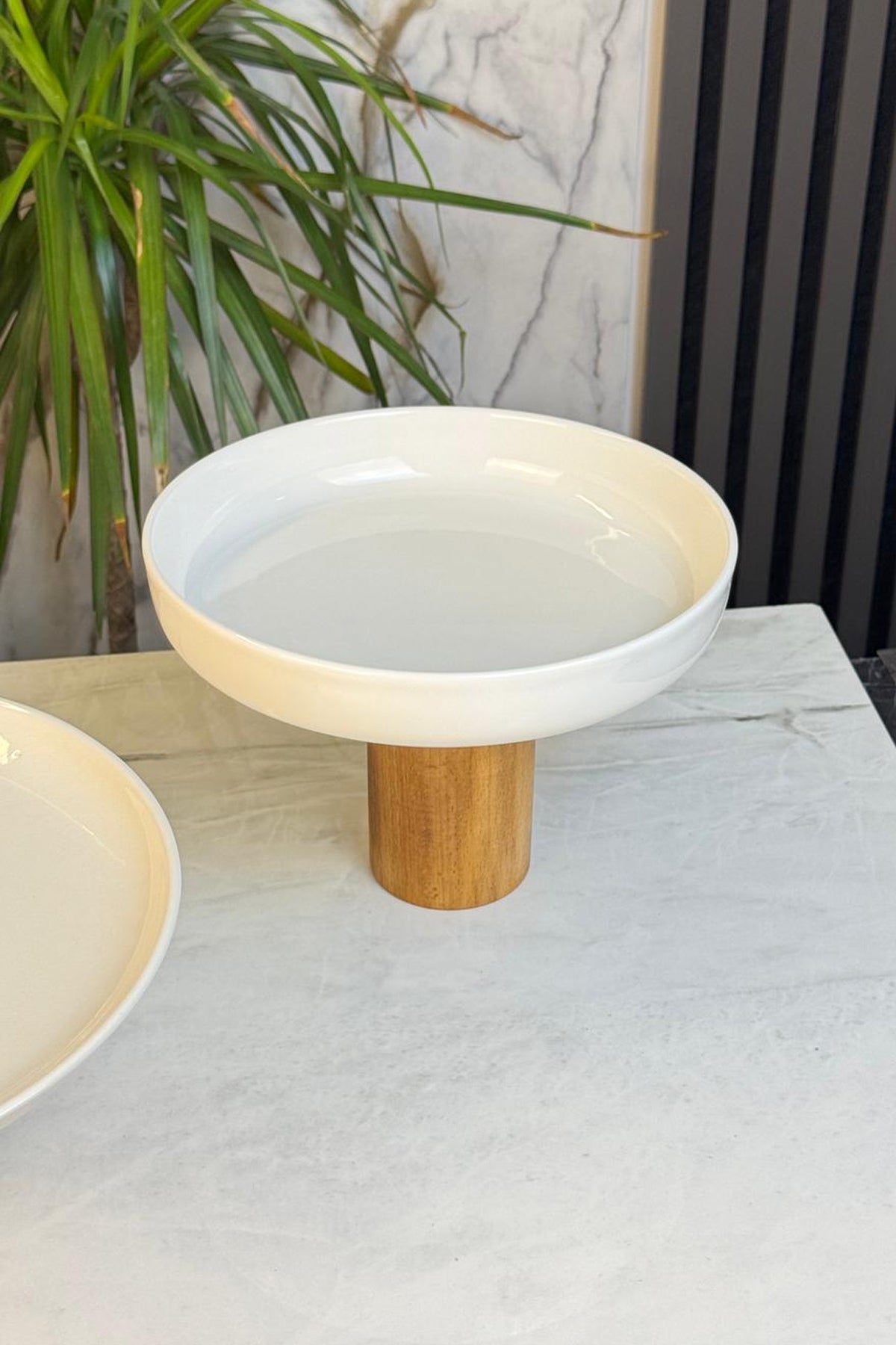 Ahşap Ayaklı Porselen Sunum Kasesi & Meyve Salata Meze Servisliği 26 CM