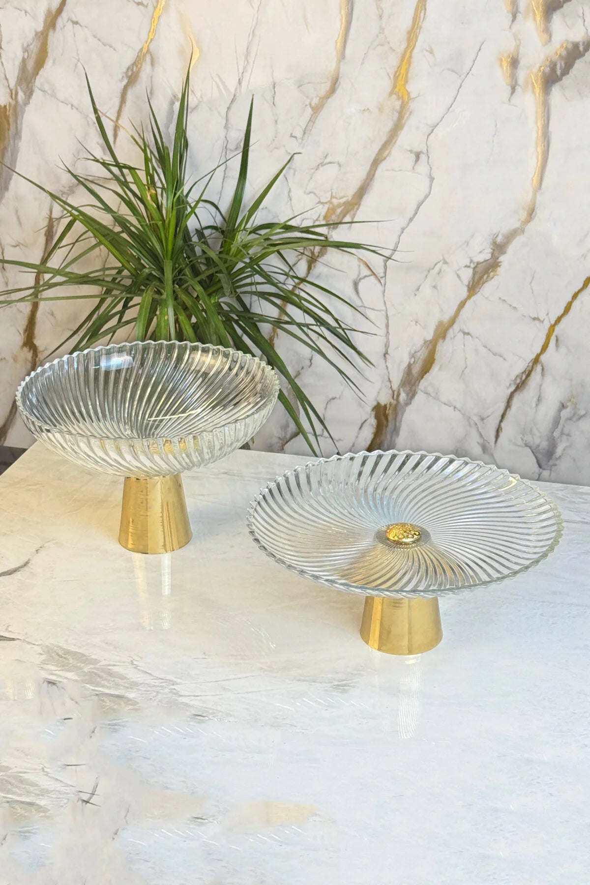 Gold Ayaklı Cam Kase Tabak Seti & Salata Meyve Pasta Kurabiye Kek Sunumluğu Servisliği