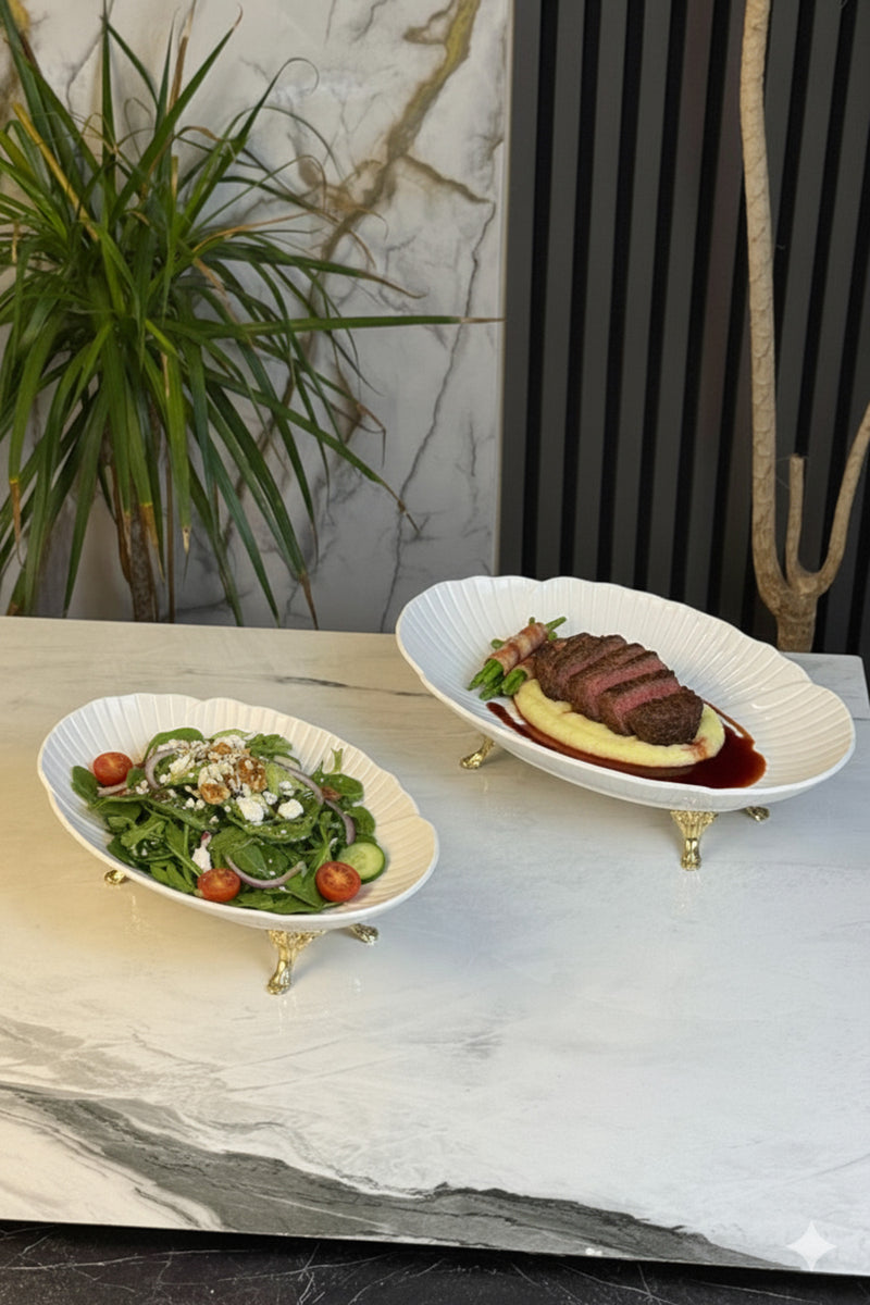 2'Li Porselen Kayık Sunum Tabağı & Metal Ayaklı Oval Meze Yemek İkramlık Servsiliği