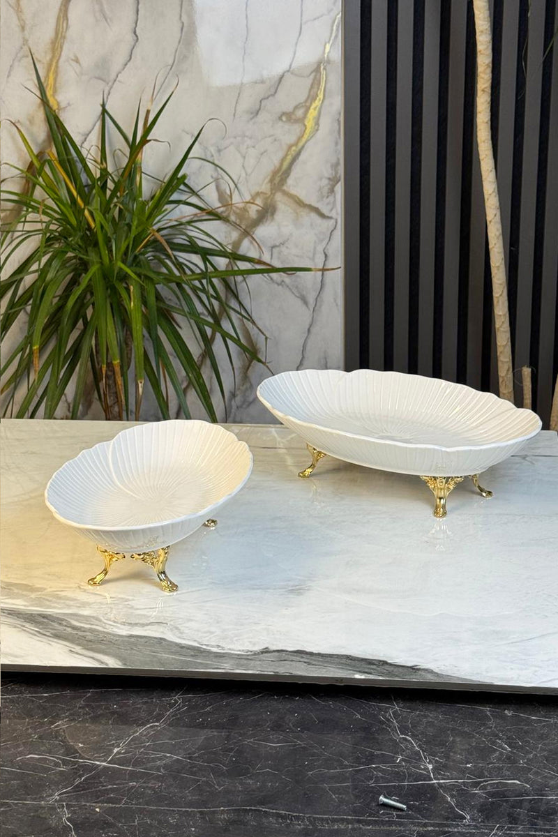 2'Li Porselen Kayık Sunum Tabağı & Metal Ayaklı Oval Meze Yemek İkramlık Servsiliği